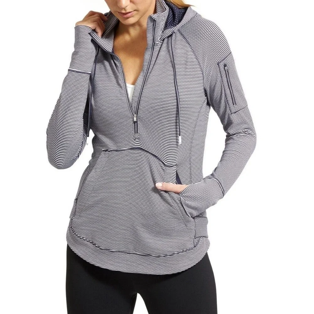 Athleta Heavenly Heights 1/4 Zip Hoodie Navy/White Stripe‎ Size Small - Picture 2 of 15